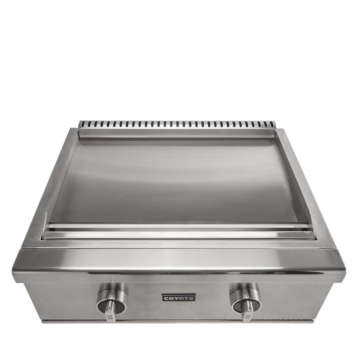 Stono Outdoor Living The Coyote 30" Flat Top Grill in Natural Gas (C3FTG30NG) features a smooth stainless steel cooking surface and two front control knobs, making it perfect for grilling in your outdoor kitchen.