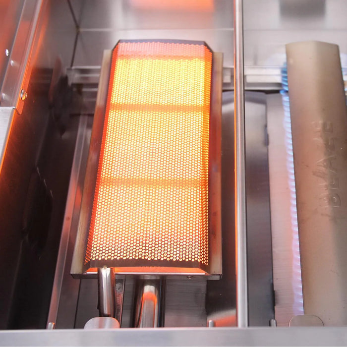 Stono Outdoor Living Close-up of the Blaze Grills Infrared Searing Burner (BLZ-IRN) glowing orange inside a clean, modern Blaze grill. A curved metal heat shield is visible—ideal for perfect steak searing. Fits Blaze and Blaze LTE grills.