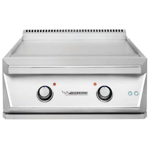 Stono Outdoor Living The Twin Eagles 30-Inch Built-In Natural Gas Teppanyaki Griddle (TETG30-CN) features two control knobs, indicator lights, a raised backsplash, and a front logo—perfect for Teppanyaki-style grilling.