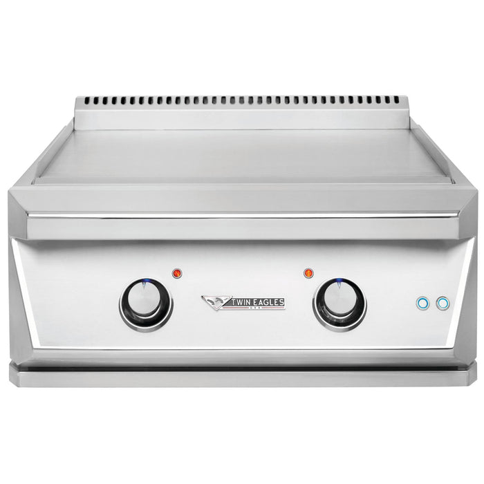 Stono Outdoor Living The Twin Eagles 30-Inch Built-In Natural Gas Teppanyaki Griddle (TETG30-CN) features two control knobs, indicator lights, a raised backsplash, and a front logo—perfect for Teppanyaki-style grilling.