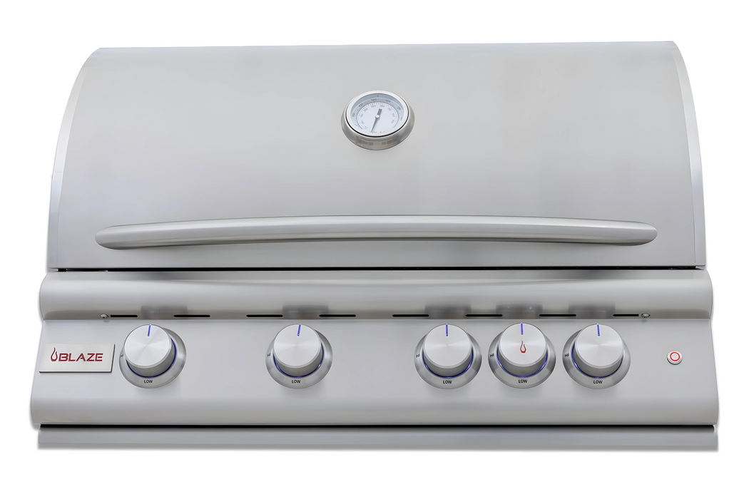 Stono Outdoor Living The Blaze Premium LTE+ Marine Grade 32" 4-Burner Propane Grill (BLZ-4LTE3MG-LP) by Blaze features a stainless steel build, rear infrared burner, grill lights, built-in thermometer, closed lid, and four front control knobs. The Blaze logo appears on the left.