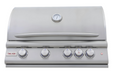 Stono Outdoor Living The Blaze Premium LTE+ Marine Grade 32" 4-Burner Propane Grill (BLZ-4LTE3MG-LP) by Blaze features a stainless steel build, rear infrared burner, grill lights, built-in thermometer, closed lid, and four front control knobs. The Blaze logo appears on the left.