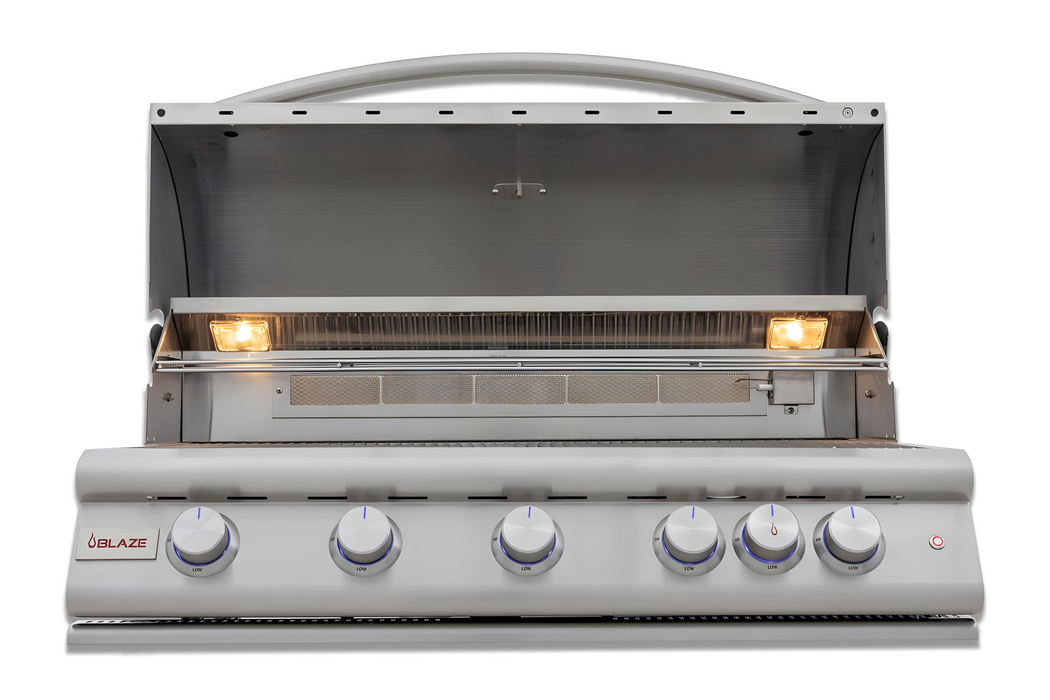 Stono Outdoor Living The Blaze Premium LTE+ 40" 5-Burner Propane Grill (BLZ-5LTE3-LP) features stainless steel burners, five control knobs, interior grill lights, a rear infrared burner, and a Blaze logo on the front panel highlighting its lifetime warranty.