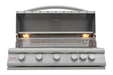 Stono Outdoor Living The Blaze Premium LTE+ 40" 5-Burner Propane Grill (BLZ-5LTE3-LP) features stainless steel burners, five control knobs, interior grill lights, a rear infrared burner, and a Blaze logo on the front panel highlighting its lifetime warranty.