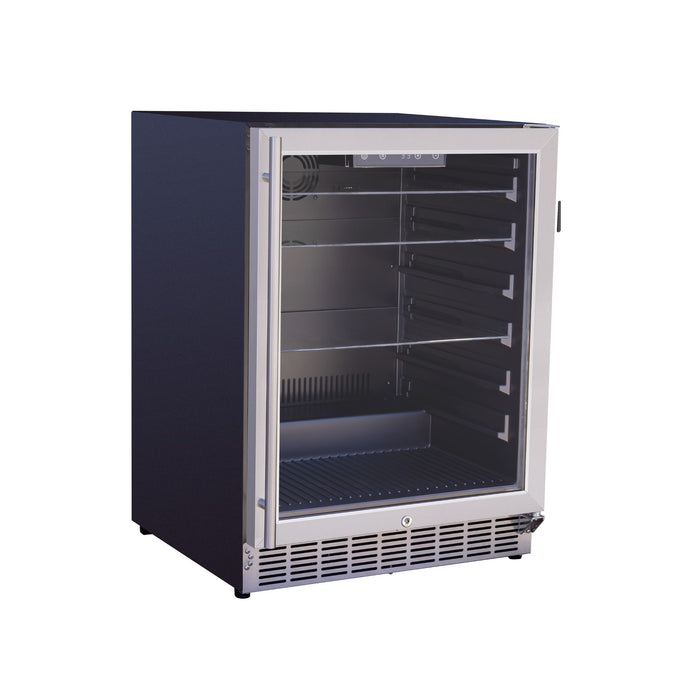Stono Outdoor Living The TrueFlame 24" 5.1 Cu. Ft. Outdoor Rated Refrigerator (AMD-RFR-24G) by TrueFlame features a stainless steel build, glass door, black sides, multiple empty shelves, and a bottom lock, shown standing on a white background.