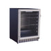 Stono Outdoor Living The TrueFlame 24" 5.1 Cu. Ft. Outdoor Rated Refrigerator (AMD-RFR-24G) by TrueFlame features a stainless steel build, glass door, black sides, multiple empty shelves, and a bottom lock, shown standing on a white background.