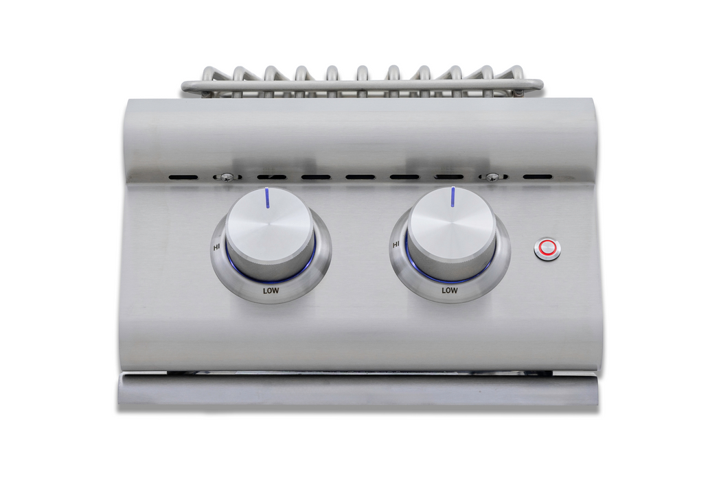 Stono Outdoor Living The Blaze Premium LTE+ Natural Gas Stainless Steel Double Side Burner (BLZ-SB2-LTE3-NG) by Blaze features two round LOW-labeled knobs, a red power indicator, and a grill element on top—ideal for upgrading any outdoor kitchen.
