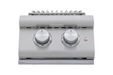 Stono Outdoor Living The Blaze Premium LTE+ Natural Gas Stainless Steel Double Side Burner (BLZ-SB2-LTE3-NG) by Blaze features two round LOW-labeled knobs, a red power indicator, and a grill element on top—ideal for upgrading any outdoor kitchen.