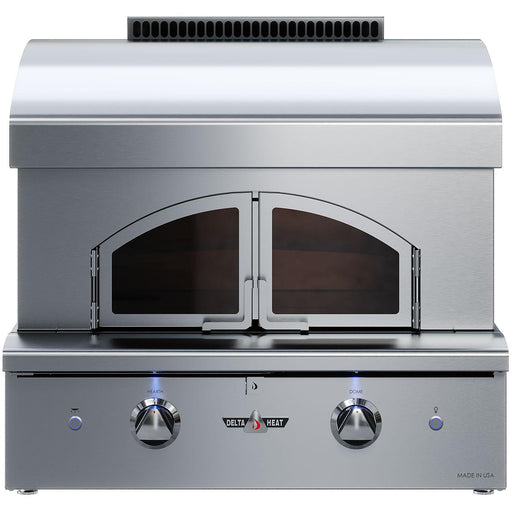 Stono Outdoor Living The Delta Heat Freestanding Pizza Oven - Propane (DHPO30F-L) features double glass doors, two control knobs for precise temperature, and a top vent. The Delta Heat brand is displayed on the front panel.