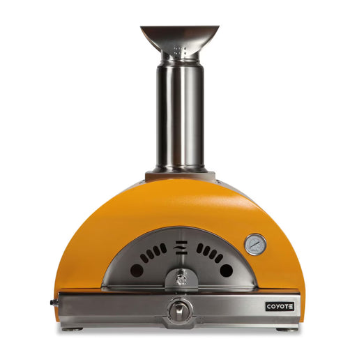 Stono Outdoor Living The Coyote 30" Hybrid Multi-Fuel Outdoor Oven in Yellow (C1PZ30HYLP) features a stainless steel chimney, temperature gauge, adjustable air vents, and a modern rounded design for authentic wood-fired flavor.