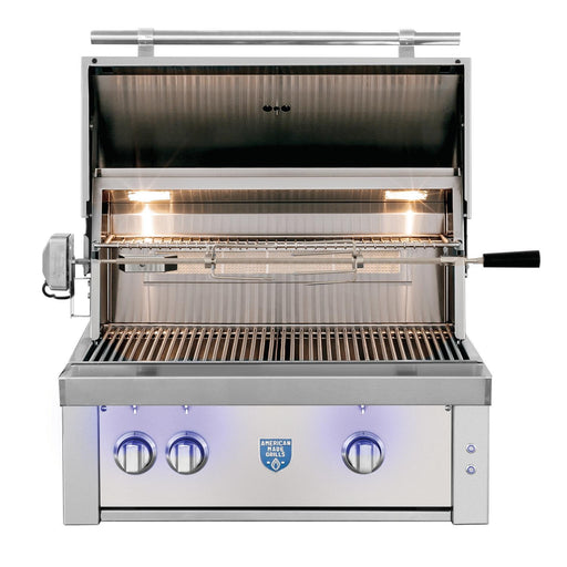 Stono Outdoor Living The American Made Grills Estate 30-Inch Grill (EST30-NG) is a luxury natural gas grill with a stainless steel finish, open lid, internal grates, rotisserie, side-mounted motor, three control knobs, and a blue-lit logo on the front panel.