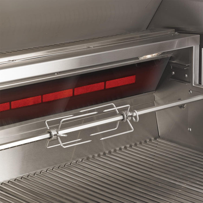 Stono Outdoor Living Close-up of the Twin Eagles Eagle One 54-Inch 4-Burner Built-In Gas Grill (TE1BQ54RS-L) with sear zone, rotisserie spit rod and forks, and twin infrared rotisserie burners glowing red inside the grill chamber.