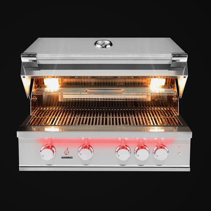 Stono Outdoor Living The TrueFlame 32" 4-Burner Built-In Propane Gas Grill (TF32L) features a premium stainless steel build, open lid, illuminated interior and grates, control knobs, and digital display, all standing out against a black background.
