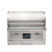 Stono Outdoor Living The Coyote 36" Pellet Grill - C2P36 is a built-in outdoor grill with advanced digital controls, a partially closed curved lid, and the Coyote logo displayed on its stainless steel front.