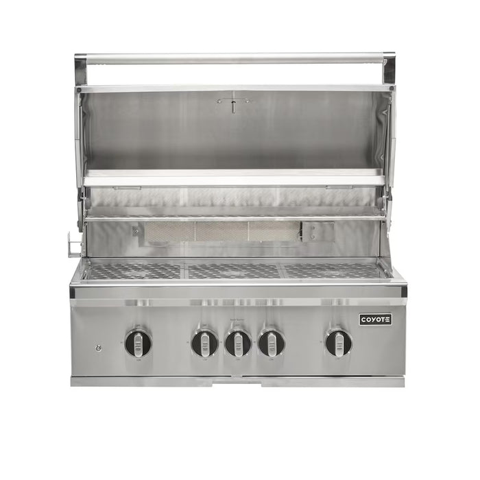 Stono Outdoor Living The Coyote 36" SL-Series Grill, shown with a raised lid, features four control knobs, LED lights, ceramic elements, and a metal grate—ideal for outdoor kitchens. The Coyote brand appears on the right side of the front panel. Natural gas model.