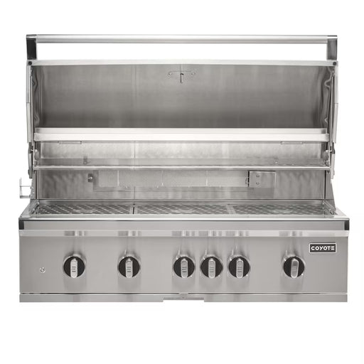 Stono Outdoor Living The Coyote 42" SL-Series Grill (C3SL42NG) is a stainless steel outdoor kitchen grill with five control knobs, open lid showing grates, LED lights, ceramic components, and reliable safety features—all in natural gas.