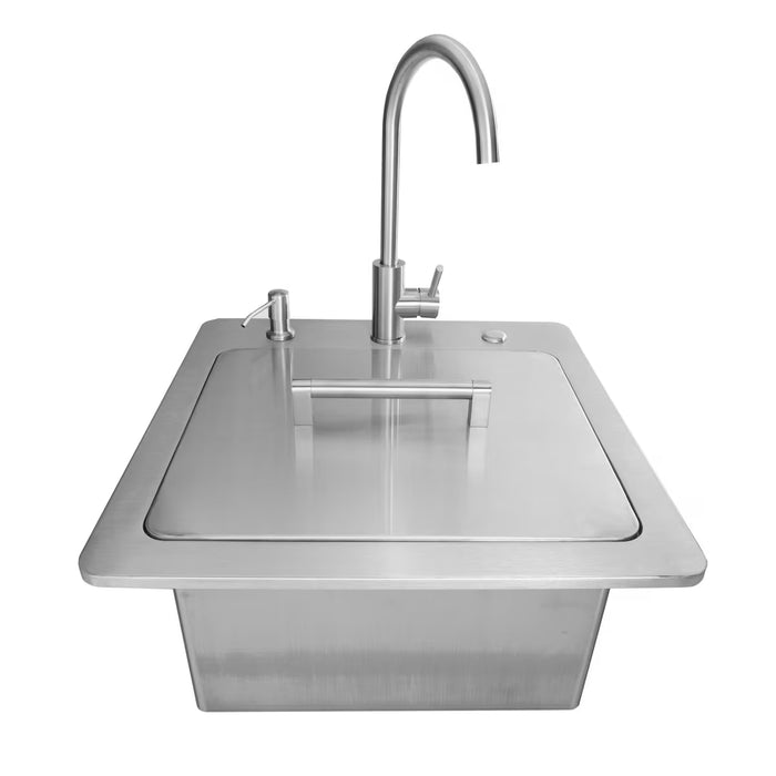 Stono Outdoor Living The Coyote 21" Sink & Faucet, Drain, and Soap Dispenser (C3SINKF21) features a tall curved faucet and a handled rectangular lid covering the basin, all shown against a white background.