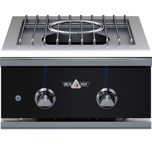 Stono Outdoor Living Delta Heat 22-Inch Built-In Natural Gas Power Burner, DHPW22-KN, features a black control panel, two knobs, grill grate on top, and Delta Heat logo above the controls.
