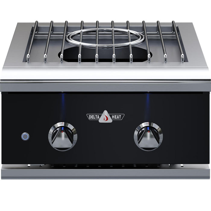 Stono Outdoor Living Delta Heat 22-Inch Built-In Natural Gas Power Burner, DHPW22-KN, features a black control panel, two knobs, grill grate on top, and Delta Heat logo above the controls.