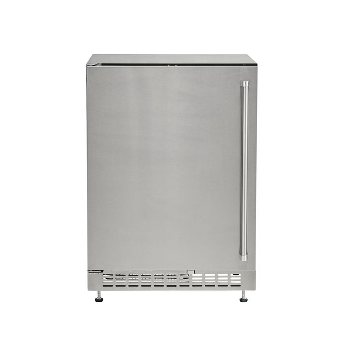 Stono Outdoor Living The Coyote 24" Outdoor Refrigerator (C124R-S) features a stainless steel finish, reversible hinge, adjustable shelves, a long vertical handle, and a bottom front vent—perfect for under-counter outdoor use.