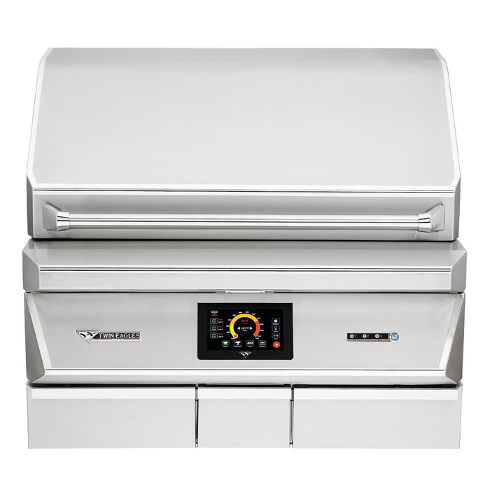 Stono Outdoor Living The Twin Eagles Wi-Fi Controlled 36-Inch Built-In Stainless Steel Pellet Grill and Smoker with Rotisserie (TEPG36R) features a sleek, modern design, closed lid, digital control panel, touchscreen display, and pro-grade outdoor cooking performance.