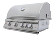 Stono Outdoor Living The Blaze Premium LTE+ Marine Grade 32" 4-Burner Propane Grill (BLZ-4LTE3MG-LP) features stainless steel construction, four control knobs, a built-in lid thermometer, rear infrared burner, grill lights, and side ventilation panels.