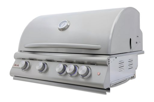 Stono Outdoor Living The Blaze Premium LTE+ Marine Grade 32" 4-Burner Propane Grill (BLZ-4LTE3MG-LP) features stainless steel construction, four control knobs, a built-in lid thermometer, rear infrared burner, grill lights, and side ventilation panels.