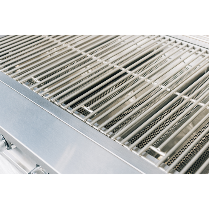 Stono Outdoor Living Close-up of a spotless TrueFlame E Series 32" Stainless Steel 4-Burner Built-In Propane Gas Grill (TFE32L) with parallel 304 stainless steel grates and burners, highlighting its commercial-grade build ready to cook.