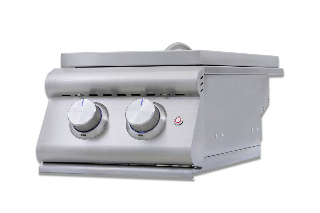 Stono Outdoor Living The Blaze Premium LTE+ Natural Gas Stainless Steel Double Side Burner with lid by Blaze, shown against a white background, features two control knobs and a power indicator light—ideal for any outdoor kitchen.
