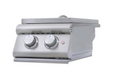 Stono Outdoor Living The Blaze Premium LTE+ Natural Gas Stainless Steel Double Side Burner with lid by Blaze, shown against a white background, features two control knobs and a power indicator light—ideal for any outdoor kitchen.