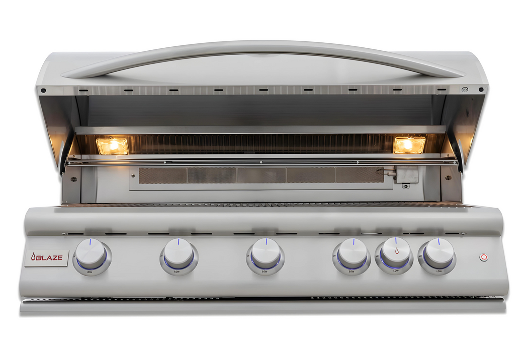 Stono Outdoor Living The Blaze Premium LTE+ 40" 5-Burner Propane Grill (BLZ-5LTE3-LP) features stainless steel burners, five control knobs, two interior lights, the “Blaze” logo on the front, unmatched durability, and a lifetime warranty.