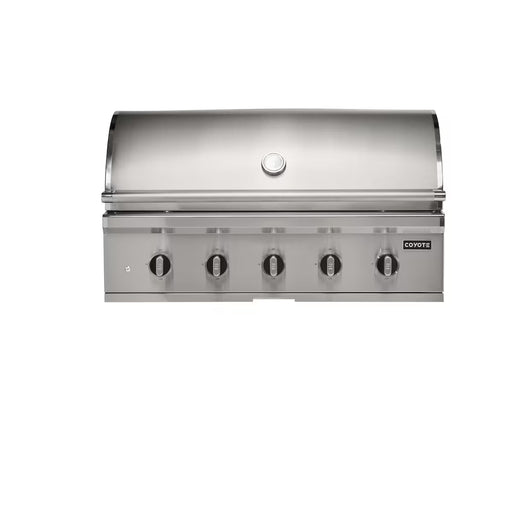 Stono Outdoor Living The Coyote 42" CL-Series Grill (C3CL42NG) is a stainless steel, built-in natural gas grill with five front control knobs and a closed lid—ideal for outdoor kitchens.
