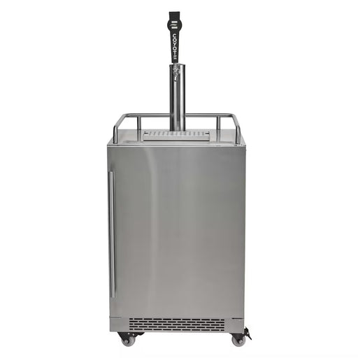 Stono Outdoor Living The Coyote 24" Outdoor Kegerator (C124KEG) features a stainless steel finish, top beer tap, left-side handle, and caster wheels for mobility—perfect for serving draft beverages. Shown against a plain white background.