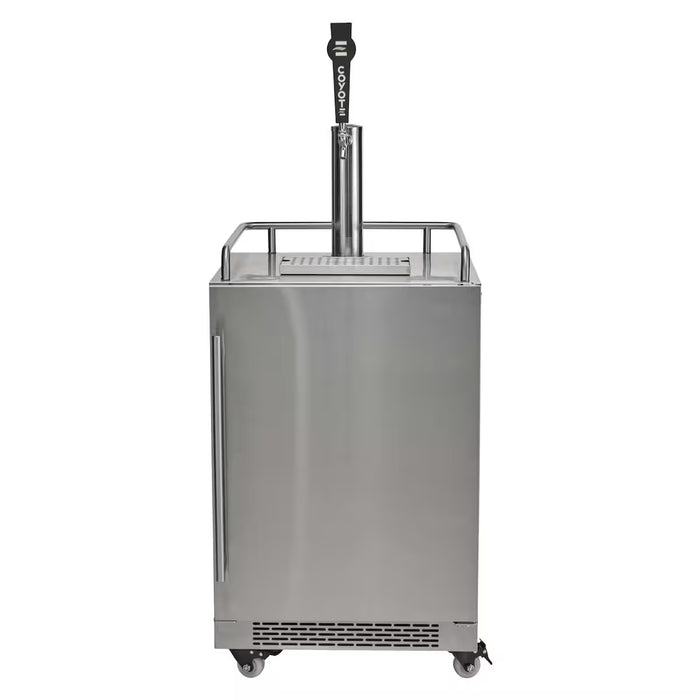 Stono Outdoor Living The Coyote 24" Outdoor Kegerator (C124KEG) features a stainless steel finish, top beer tap, left-side handle, and caster wheels for mobility—perfect for serving draft beverages. Shown against a plain white background.