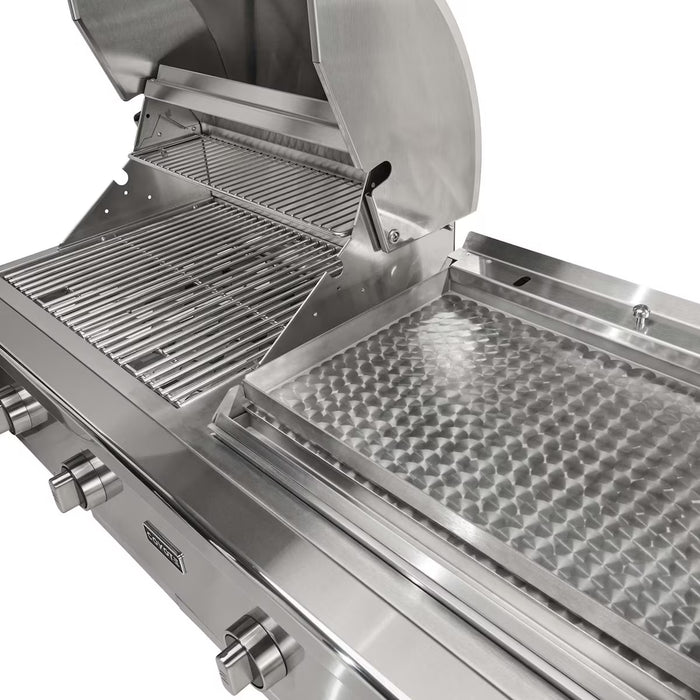 Stono Outdoor Living A close-up of the Coyote 50" Combo Grill (C3CO50NG) by Coyote, built-in natural gas model, with lid open to reveal clean metal grates, a spacious flat-top side tray, and three front control knobs.