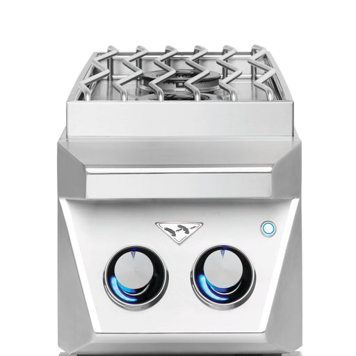 Stono Outdoor Living Front view of the Twin Eagles Built-In Single Side Burner (Natural Gas - TESB131-CN) with a control knob featuring blue LED lights, stainless steel S grate, geometric design, and a powerful 17,500 BTU dual-ring burner.