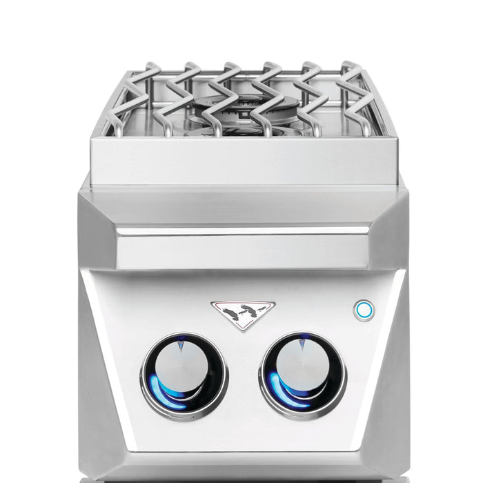 Stono Outdoor Living Front view of the Twin Eagles Built-In Single Side Burner (Natural Gas - TESB131-CN) with a control knob featuring blue LED lights, stainless steel S grate, geometric design, and a powerful 17,500 BTU dual-ring burner.