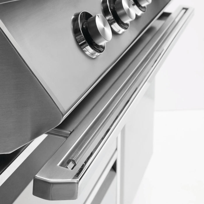 Stono Outdoor Living Close-up of the Twin Eagles 36-Inch 3-Burner Built-In Natural Gas Grill (TEBQ36R-CN), featuring three control knobs, a sleek handle, clean lines, a shiny metallic finish, and powerful stainless steel burners with an infrared rotisserie burner.