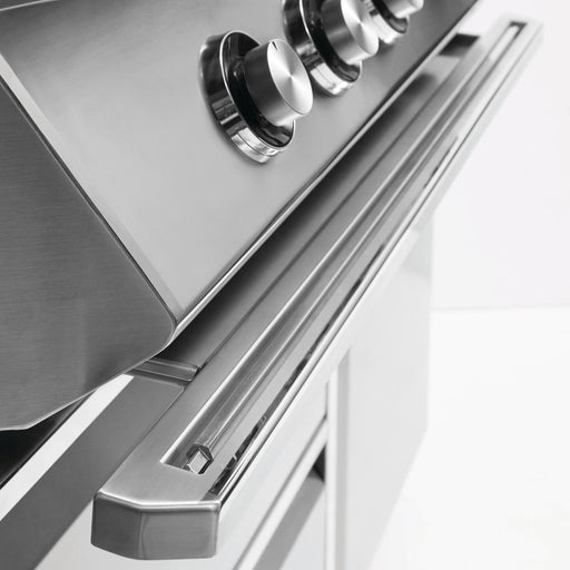 Stono Outdoor Living Close-up of the Twin Eagles 54-Inch 4-Burner Built-In Propane Gas Grill (TEBQ54RS-CL), featuring sleek control knobs, side shelf, and showcasing stainless steel burners and the advanced Five-Part Grilling System by Twin Eagles.