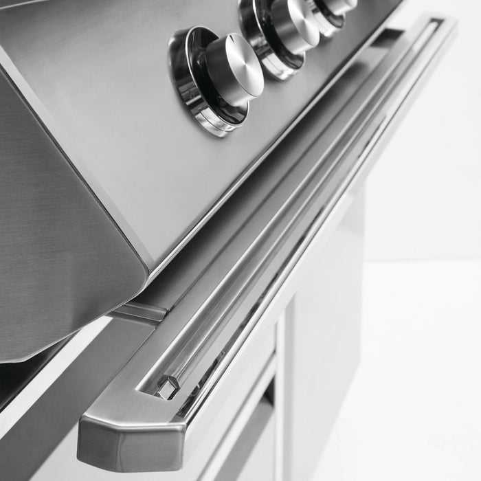 Stono Outdoor Living Close-up of the control knobs and handle on the Twin Eagles 42-Inch 3-Burner Built-In Natural Gas Grill (TEBQ42RS-CN), highlighting its sleek, reflective stainless steel finish and clean, minimalist design.