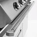 Stono Outdoor Living Close-up of the control knobs and handle on the Twin Eagles 42-Inch 3-Burner Built-In Natural Gas Grill (TEBQ42RS-CN), highlighting its sleek, reflective stainless steel finish and clean, minimalist design.