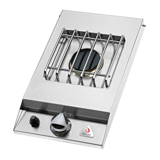 Stono Outdoor Living The Delta Heat Drop-In Natural Gas Single Side Burner (DHSB1D-CN) features 304 stainless steel, a control knob, ignition button, and durable metal grate—perfect for outdoor kitchens. Shown angled on a white background.