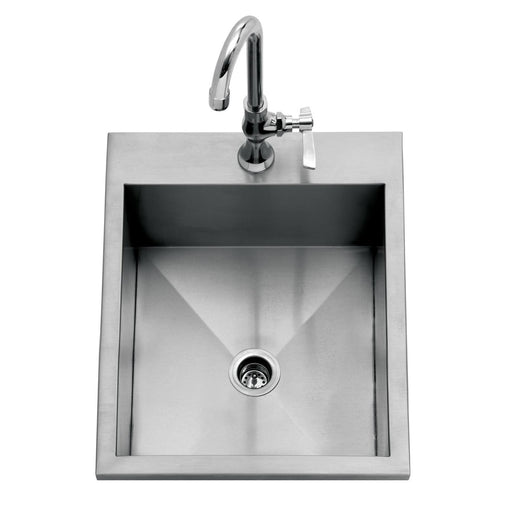Stono Outdoor Living The Delta Heat 15-Inch Drop-In Outdoor Bar Sink (DHOS15) features a square 304 stainless steel basin, central drain, and cold water faucet. Its sleek, modern design is ideal for upscale outdoor kitchens.
