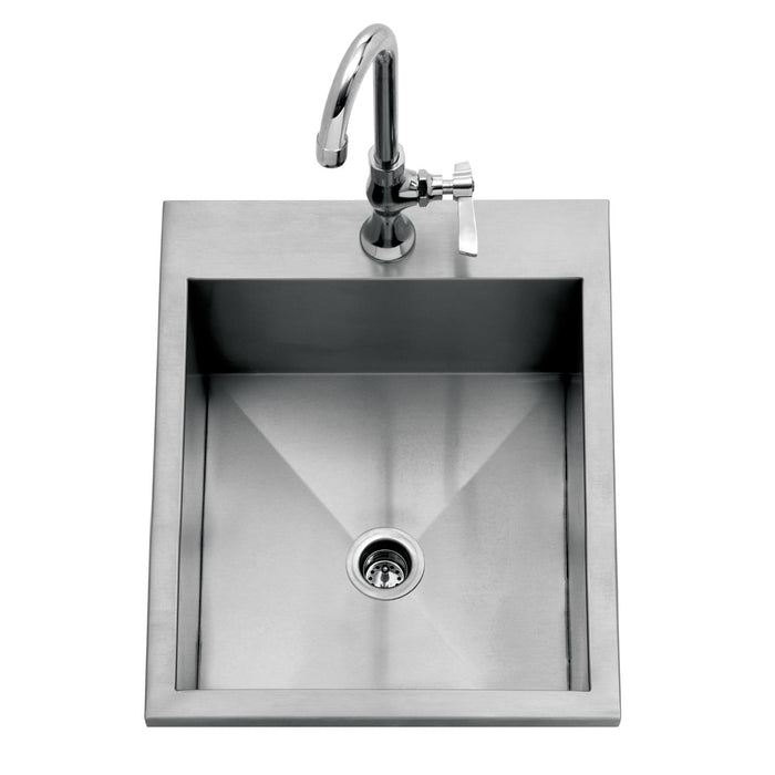 Stono Outdoor Living The Delta Heat 15-Inch Drop-In Outdoor Bar Sink (DHOS15) features a square 304 stainless steel basin, central drain, and cold water faucet. Its sleek, modern design is ideal for upscale outdoor kitchens.