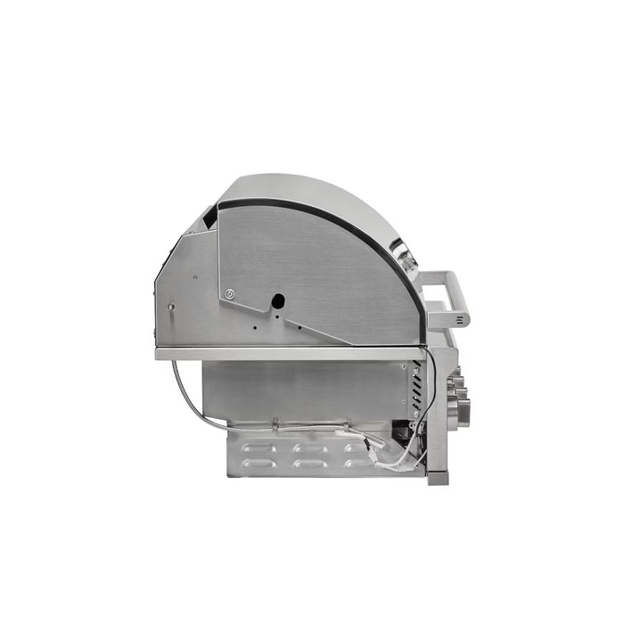 Stono Outdoor Living Side view of the Coyote 36" CL-Series Grill (C3CL36NG), a 4-burner natural gas model in 304 stainless steel with a curved lid, sturdy handle, control knobs, and drip tray—ideal for outdoor cooking—shown on a plain white background.