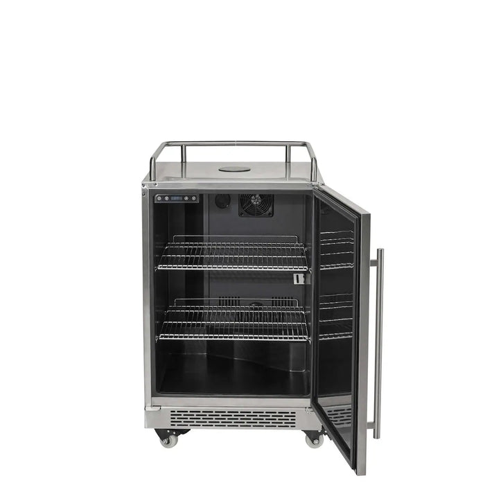 Stono Outdoor Living The Coyote 24" Outdoor Kegerator (C124KEG) has an open door, two wire shelves, interior fan, digital controls, top rail, and locking casters—ideal for keeping draft beverages cold on your patio.