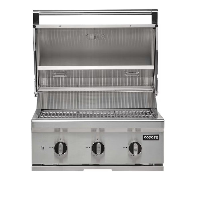 Stono Outdoor Living The Coyote 30" C-Series Grill, 3 Burner in Natural Gas (C3C30NG) features stainless steel construction, three control knobs, a grill grate, and a warming rack—perfect for outdoor kitchens. The open lid displays the Coyote brand on the front panel.