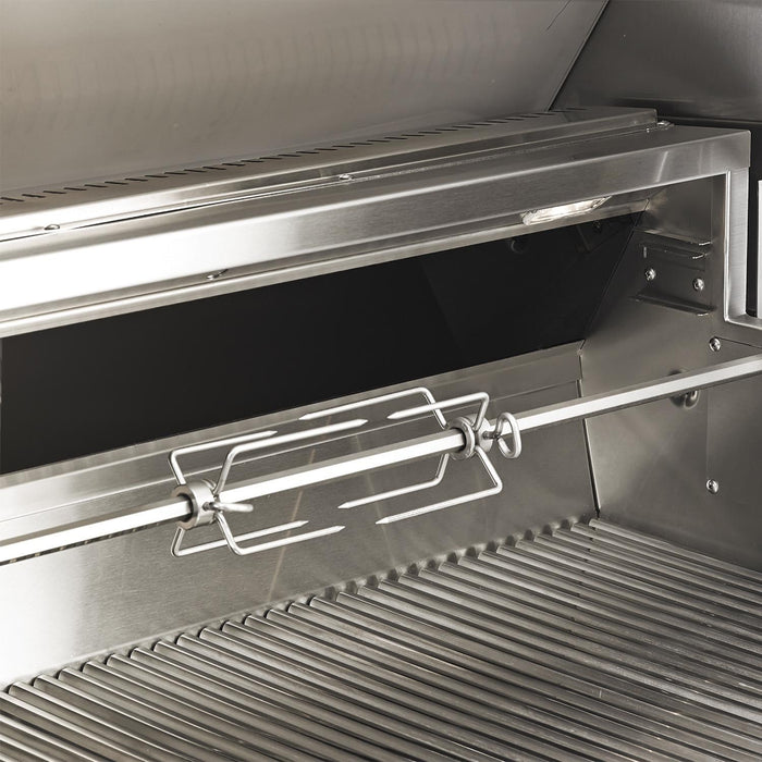 Stono Outdoor Living Close-up of the Twin Eagles Eagle One 42-Inch 3-Burner Built-In Propane Gas Grill (TE1BQ42RS-L) showcasing metal grill grates, rotisserie spit with forks above the grates, and an infrared rotisserie burner.