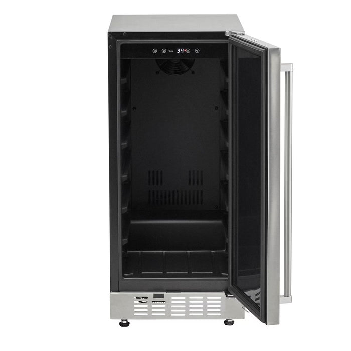 Stono Outdoor Living The Coyote 15" Outdoor Refrigerator (C115R-S) features a stainless steel exterior, glass door, and interior digital control panel with empty shelves—perfect for enhancing any stylish outdoor kitchen.