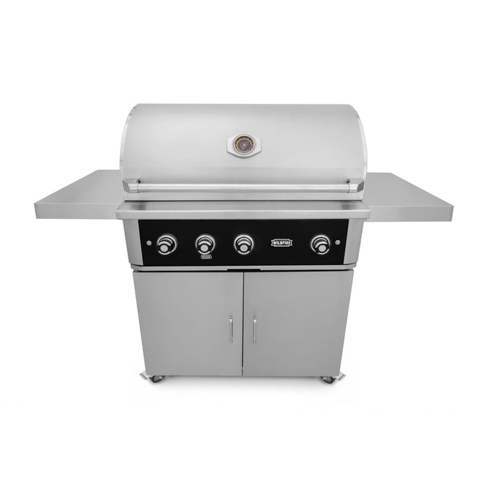 Stono Outdoor Living The Wildfire Ranch Pro 36-in 3 Burner Black 304 SS Natural Gas Grill by Wildfire Outdoor Living features stainless steel burners, four control knobs, two side shelves, a temperature gauge on the lid, and a double-door storage cabinet.